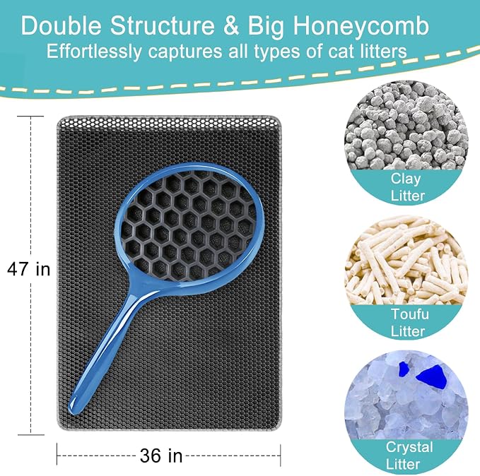 XXL Litter Mat, 47x36in, Cat Litter Box Mats Extra Large, Less Mess | Soft EVA, Double-Layer Honeycomb Litter Trapping Mat, Waterproof Anti-Slip, Washable & Easy clean, Ideal for Multi-Cat(Grey)