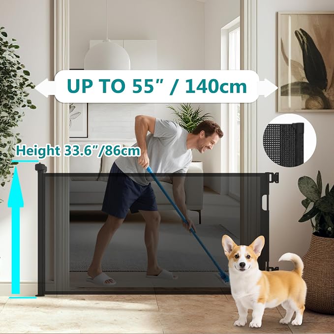 Retractable Baby Gate,Mesh Baby Gate or Mesh Dog Gate,34" Tall,Extends up to 55" Wide,Child Safety Gate for Doorways, Stairs, Hallways, Indoor or Outdoor