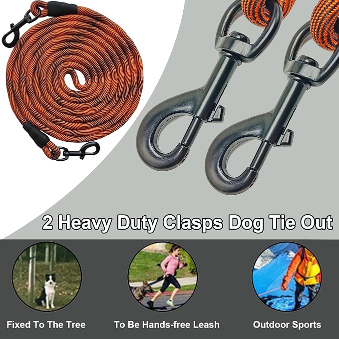 BTINESFUL Tie-Out Check Cord Long Rope Dog Leash, 8ft 12ft 20ft 30ft 50ft Recall Training Lead Leash- Great for Large Medium Small Dogs Training, Playing, Camping, or Backyard (20ft, Orange Black)