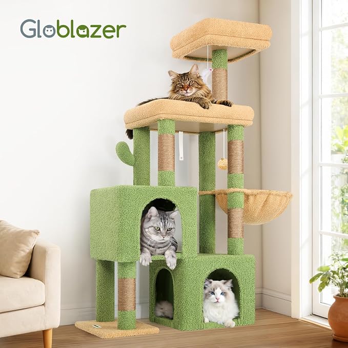 Globlazer 52in Cactus Cat Tree Tower for Indoor Cats, 2 Condos, S52, Green | Multi-Level Plush House, 5 Sisal Scratching Posts, 2 Padded Top Perches, Big Metal Basket, Stable Enlarged Base