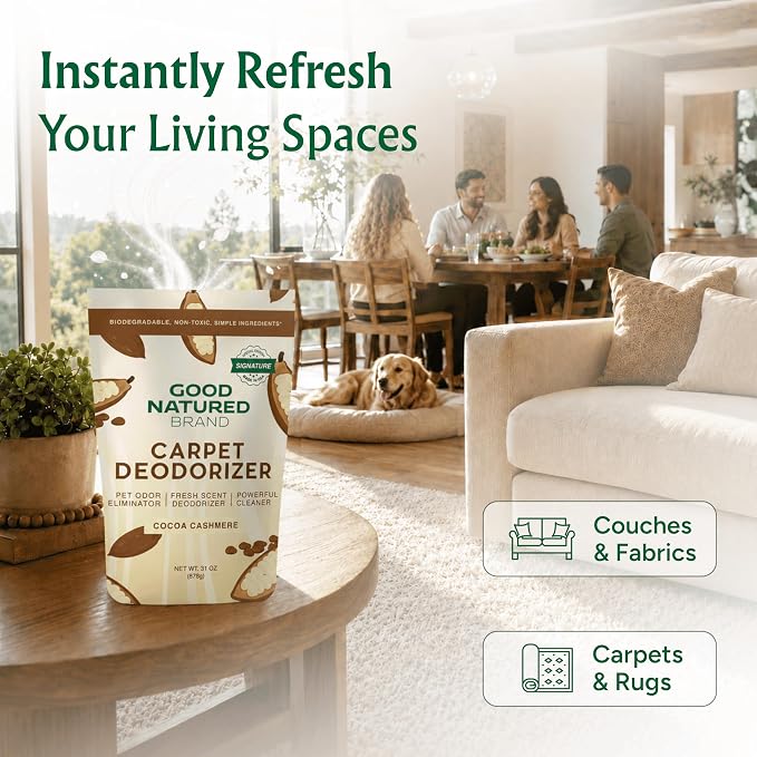 Good Natured Brand | Carpet Deodorizer & Freshener Powder | 31 oz Pet Odor Eliminator for Strong Odor & Pet Urine | Fresh Natural Cocoa Cashmere Scent | Safe for Homes with Pets
