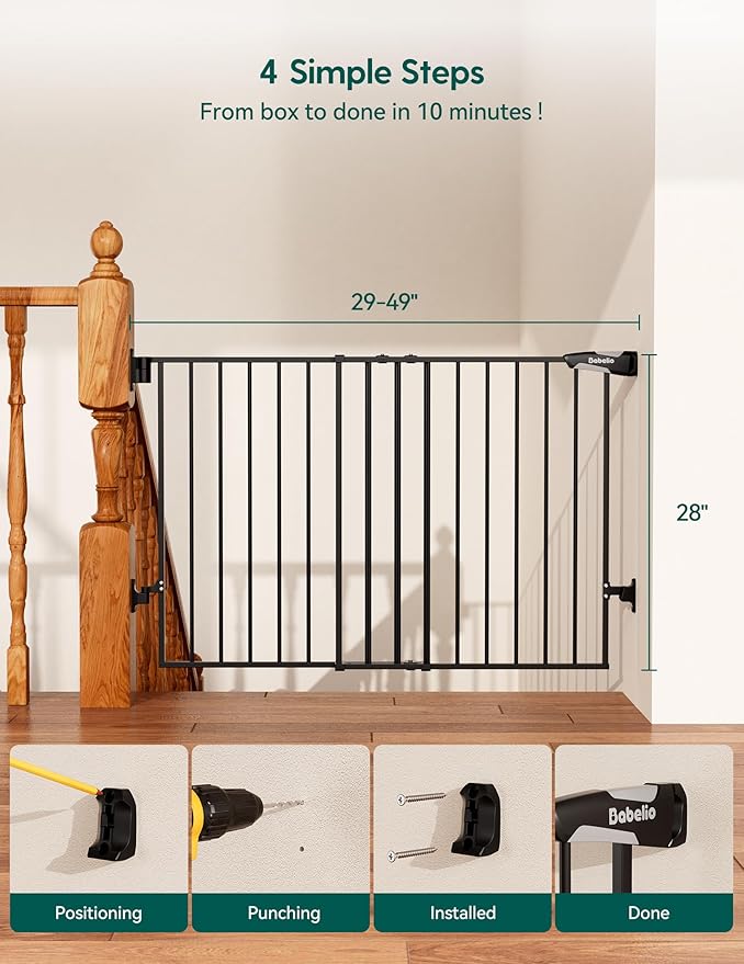 Babelio Baby Gate for Stairs, Kitchen & Doorways, No Bottom Bar| Easy Installation| One-Handed Operation| Auto-Close| Hardware Mount (Drill Needed) Safety Dog Gate (Black - B17, 34" H, 29-49" W-Wide) | Easy Install| One-handed Opening| Auto-close| Dril...