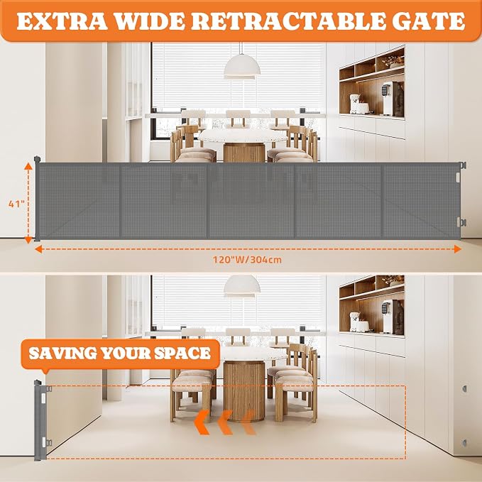 Upgrade 120" Retractable Baby Gates Extra Wide with Reinforced Strips, 10 FT Retractable Dog Gate for Garage, 41" Tall Retractable Gate Indoor Outdoor for Pet and Baby-Grey