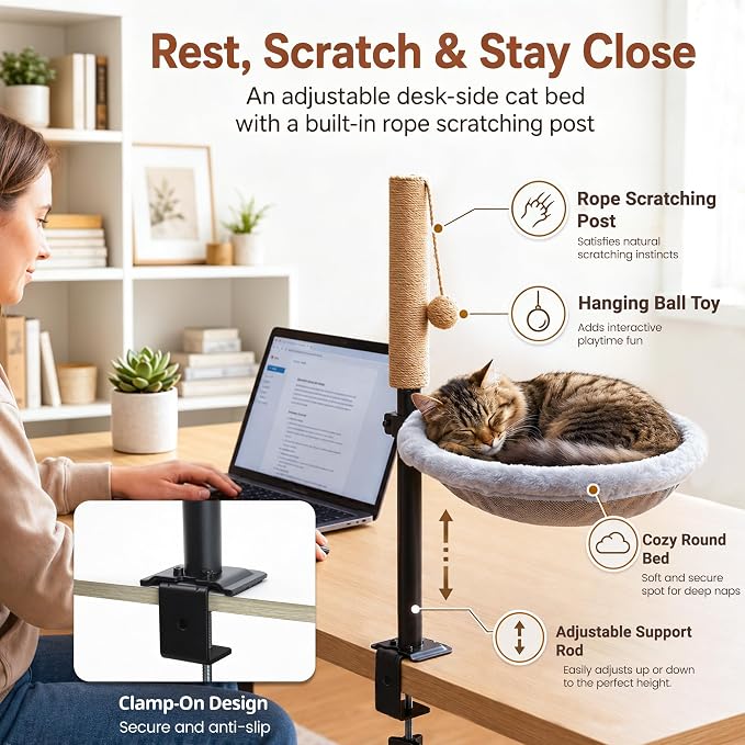 PatiencET Cat Desk Bed with Scratching Post Adjustable Clamp-On Perch | 13.8 in clamp-on bed fits flat tabletops up to 3.3 in; adjustable support, rope scratching post and washable cover