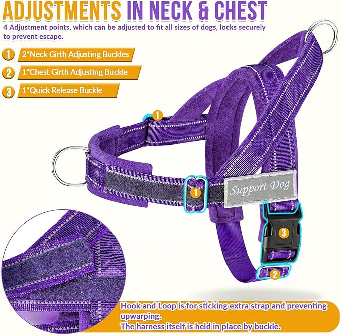 SlowTon No Pull Dog Harness - Heavy Duty Dog Harness and Leash Set for Medium Large Dogs, Reflective Tactical Harness with Soft Padded and Front Clip for Easy Walk and Training (Purple, L)