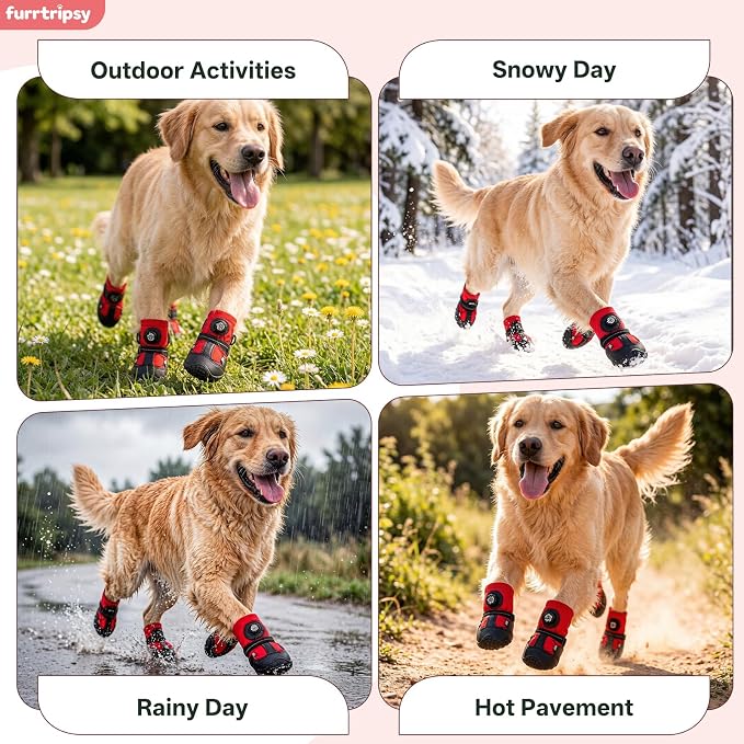 Dog Booties with Micro-Adjustable Dial, Waterproof Dog Shoes for Large Medium Small Dogs, Rugged Non-Slip Rubber Paw Protectors for Hot Pavement and Snow, Hiking 4PCS (Red, Size 7)