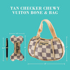 Haute Diggity Dog Chewy Vuiton Bone & Handbag Plush Squeaky Dog Toys, Soft Durable Designer-Inspired Stuffed Puppy Chew Toys for Medium & Large Dogs, Machine-Washable (Tan Checker) Large 2 Pcs
