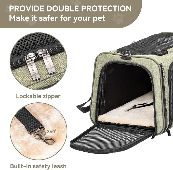 Petsfit Small Double Expandable Cat Carrier for Kittens and Air Travel | 16 x 10 x 9 in; sized for Alaska Airlines, with locking zippers, an interior safety tether and multi-side ventilation.