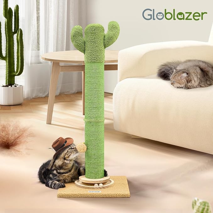 Globlazer Extra Thick Scratching Posts for Indoor Large Cats Adults, 37inch Cactus Cat Scratching Post Cat Scratcher Cute Sisal Scratching Post with Modern Wooden Ball Tracking Interactive Toys, SC37