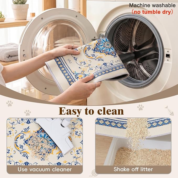 Bienbee Cat Litter Mat, 2PCS 33"x22" Machine Washable Litters Box Mats Non-Slip &Waterproof Cat Litters Trapping Mats Easy to Clean Mat for Litter Box Less Waste Protects Floors Blue and Gold L