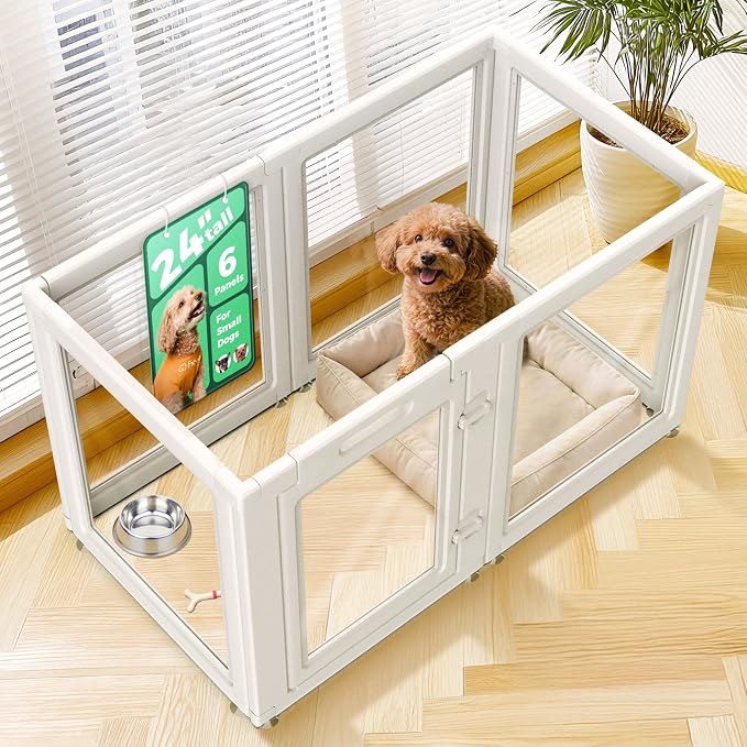 FXW AuraSpace Clear Acrylic Indoor Dog Playpen, 24" H, 6 Panels, White | Open View, Modern Home Fit, No Climbing Bars, Tool-Free Setup, For Puppies & Small Dogs