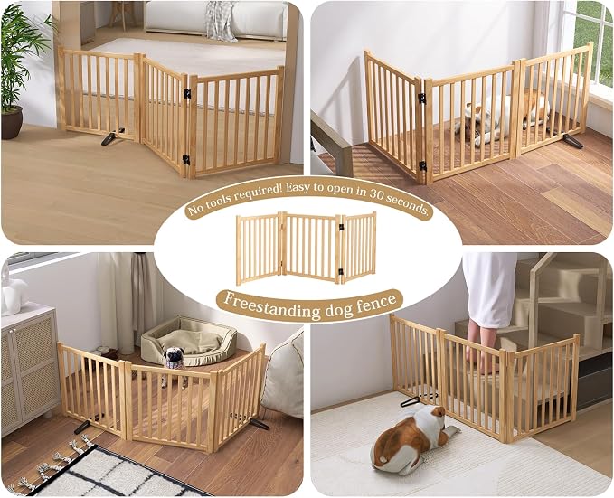 Wooden Freestanding Dog Gate Indoor - 23" Height 3 Panels | No-Painted Foldable Dog Gates, Portable Puppy Fence for Hallway Stairs, Doggy Barrier