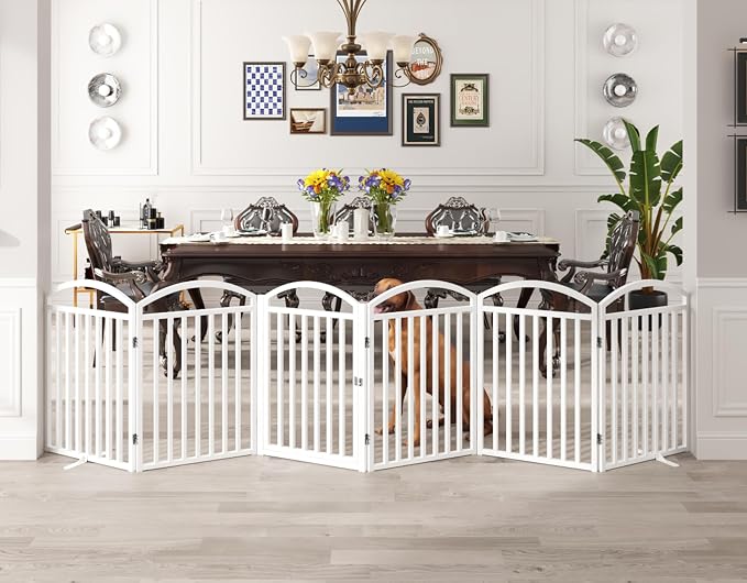 Foldable Pet Fence 120" Wide, 30" Tall,No-Assembly Dog Gate with Door,White | 6 Panels Metal Folding Freestanding Dog Gate Walk Through,Extra Accordion Puppy Folding Playpen for Doorways, Stairs,House