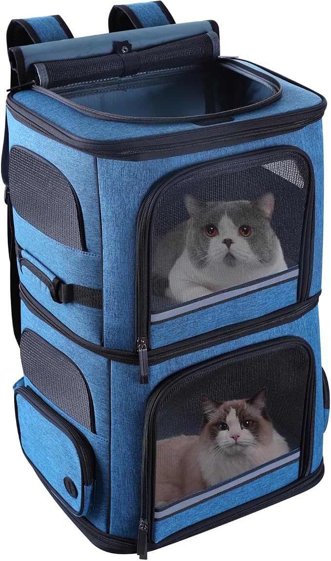 Double Cat Carrier for 2 Cats,Dog Backpack Carrier for Medium Dogs,Double Compartment Pet Carrier Backpack for Dual Pets,for Outdoor Traveling/Stroll and Picnic (Blue)