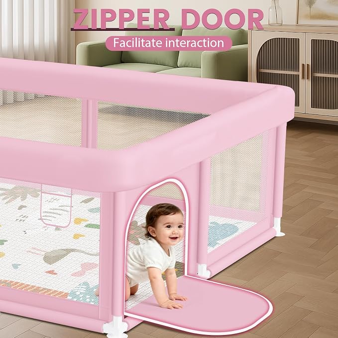 Hiaksedt Baby Playpen with Mat 50"x50" Baby Girl Play Pen for Babies | Playpen and Toddlers, Safe Structure and Soft, Skin-Friendly Fabric with Zipper Gates Pink