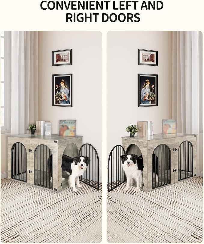 Hzuaneri 44.1" Wooden Dog Crate Furniture, Indoor Dog Kennel Dogs Cage for Small/Medium/Large Dogs, Heavy Duty Dog Crates Decorative Pet House End Side Table TV Stand, Greige Black DFC83905B