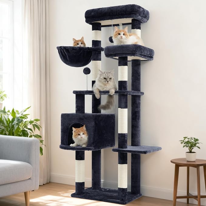 Gitelsnour 55.1'' Cat Tree Tower for Indoor Cats, Large Platform, CCT013G | 7 Sisal Scratching Posts, Multi-level Cat Condo Cat Cave, 2 Padded Perches, Basket, Furry Ball, Toy, Smoky Gray