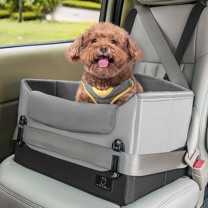 A 4 Pet Dog Car Seats for Small Dogs Under 25lbs – Safety Travel Booster Seat with Patent Buckles, Adjustable Leash – Reduces Anxiety & Road Trips – Frame Support for Cars, SUV, Pickup