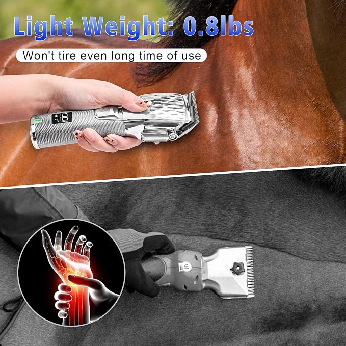 Rechargeable Horses Clippers, Cordless Pet Hair Trimmer Shaver with 6 Guide Guards, 2500mAh Large Battery Capacity Electric Grooming Kit for Livestock Animal Thick Coat, Light Weight 0.8lbs