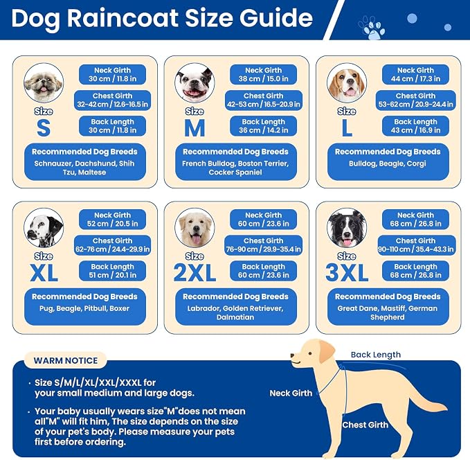 BRKURLEG Dog Raincoat, Waterproof Rain Jacket with Hood, Blue, L | Adjustable Windproof Rainproof Jacket with Leash Hole, Reflective Breathable Rain Coat Poncho, for Small to Large Dogs