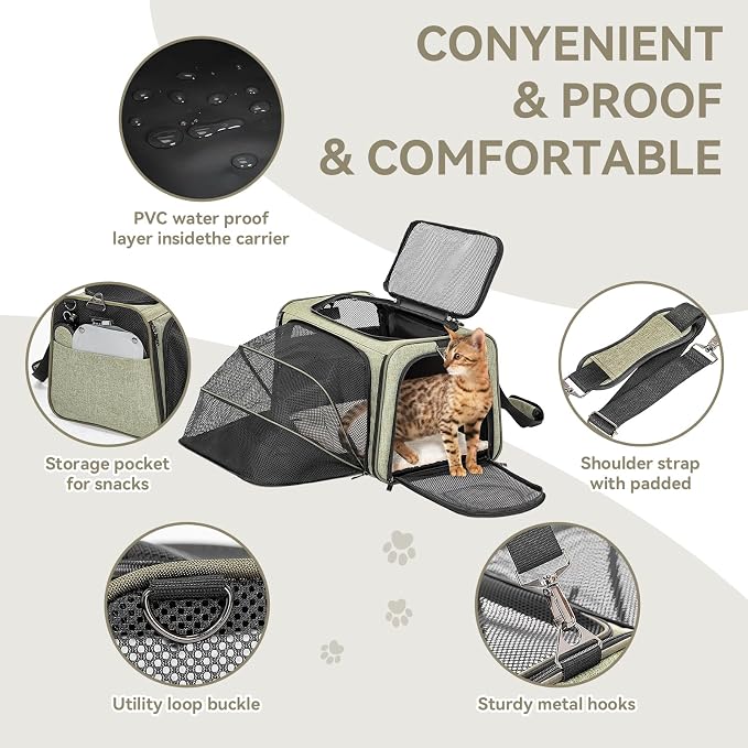 Petsfit Small Double Expandable Cat Carrier for Kittens and Air Travel | 16 x 10 x 9 in; sized for Alaska Airlines, with locking zippers, an interior safety tether and multi-side ventilation.