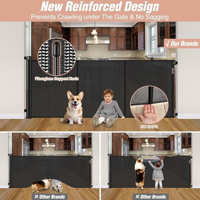 Reinforced 42" Tall x 75" Wide Retractable Baby Gate Prevent Crawling Under | Indoor/Outdoor Tall Retractable Dog Gate, Space-Saving, One-Hand Use, Scratch-Resistant Mesh, Safety Lock, Easy Install/Black