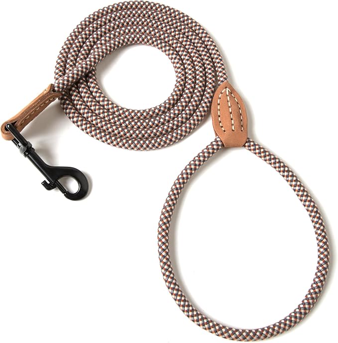 Mile High Life Thin Small Dog Leash with Genuine Leather Connection | Rope Leash, Heavy Duty 360° Swivel Metal Clasp, for Small Medium & Large Dogs (Brown, 72 Inch)