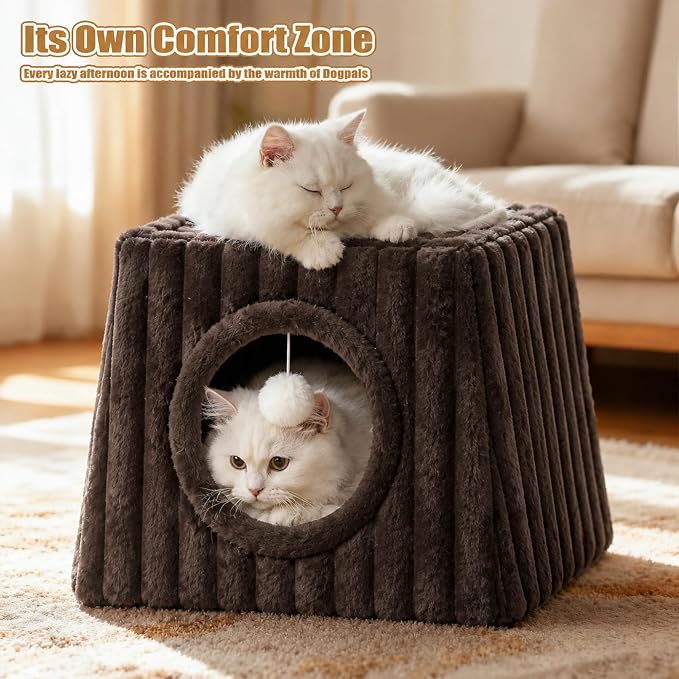Dogpals Indoor Cat House - Large Cat Cave Bed with Fluffy Balls, Foldable Cat Bed Cave and Apartment with Pads, Suitable for Multiple Small and Large Cats, 18.5x15.4x15.4inches (Coffee, XL)