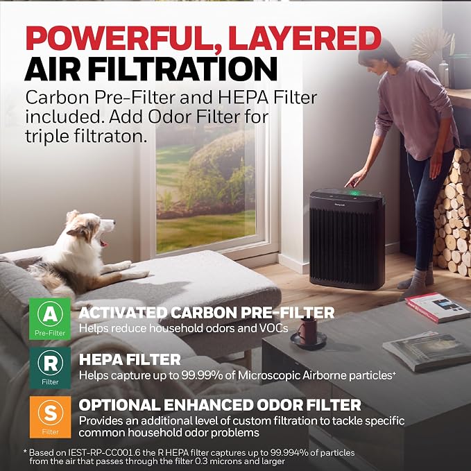 Honeywell HEPA Air Purifier for Home and Extra Large 2423 Ft² Rooms, Black | Powerful HEPA Filtration, Air Quality Monitor, Turbo and Auto Mode, Reduces Allergens, Dust, Pollen, Pet Dander, Odors, Smoke