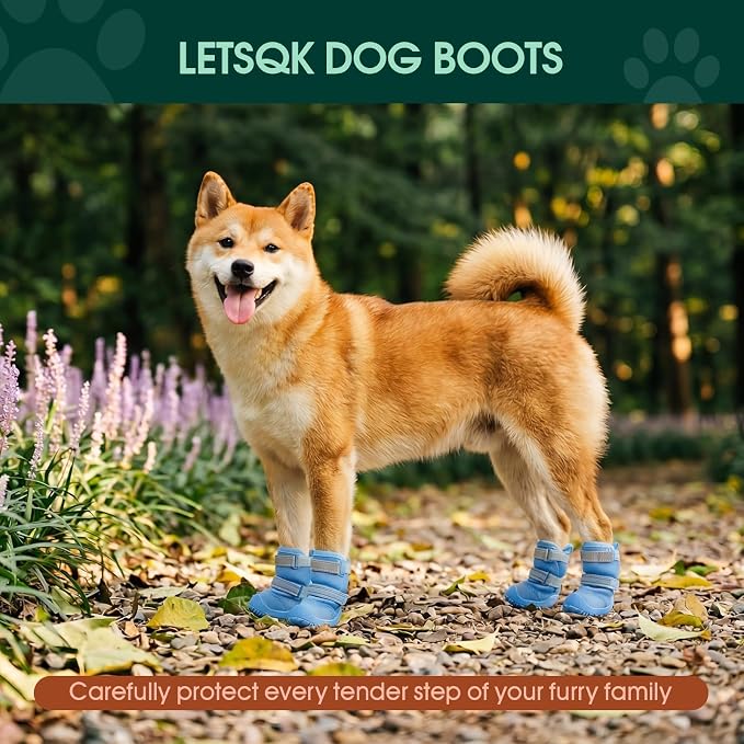 Dog Shoes, Non-Slip Dog Booties for hot Pavement, 4Pcs Blue 4# | Waterproof TPE Sole, Breathable Dog Boots with Reflective Straps, Idear for Hardfloors, Outdoor, Small Medium Paw Protectors