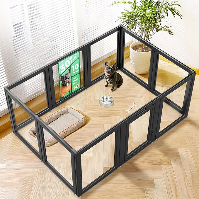 FXW AuraSpace Clear Acrylic Indoor Dog Playpen, 30" H, 10 Panels, Black | Open View, Modern Home Fit, No Climbing Bars, Tool-Free Setup, For Small & Medium Dogs