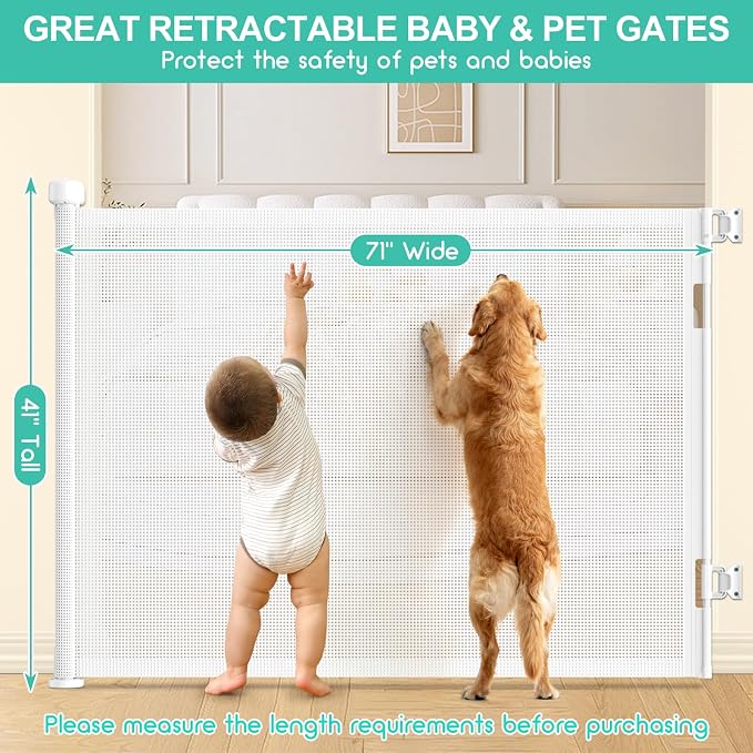 EZIGO 71 Inch Retractable Baby Gates, 41 Inch Extra Tall Retractable Gate | One-Hand Operation Retractable Dog Gate, 5.9FT Mesh Safety Pet Gate for Stairs, Deck, Porch, Doorways Indoor Outdoor, White