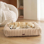 Bedsure ComfyFleece™ Cute Dog Bed Medium Large Size Dog，33in Sandy Beige | Furry Big Pet Beds,Washable Rectangle Orthopedic Corduroy Aesthetic,Removable Zipper Cover,Non-Slip Bottom,Up To 50 Lbs