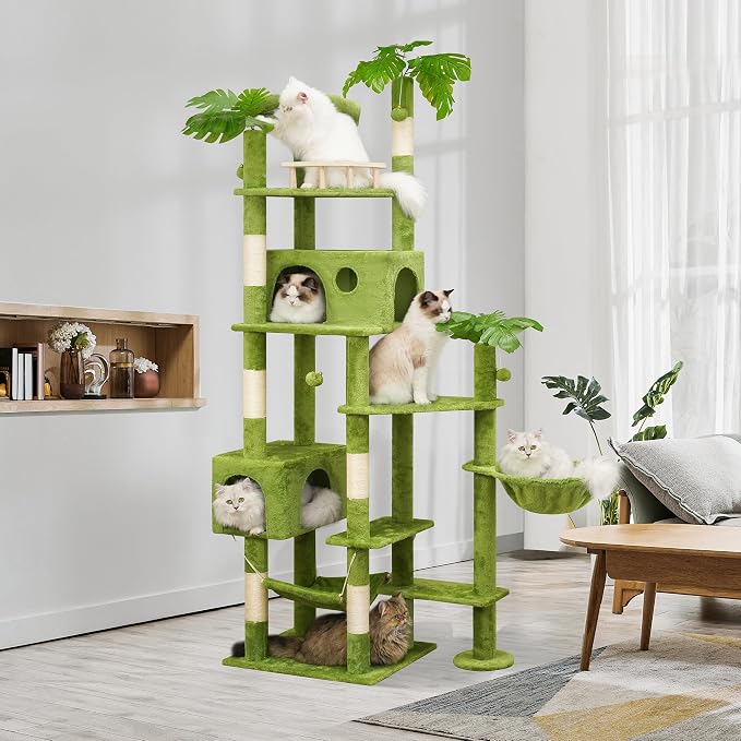 Meecal 77in Large Cat Tower for Heavy Duty Big Cats, Tall Cat Tree with Leaves - Scratching Post, Two Cat Condos, Soft Hammocks, Padded Perches & Dangling Balls, Green