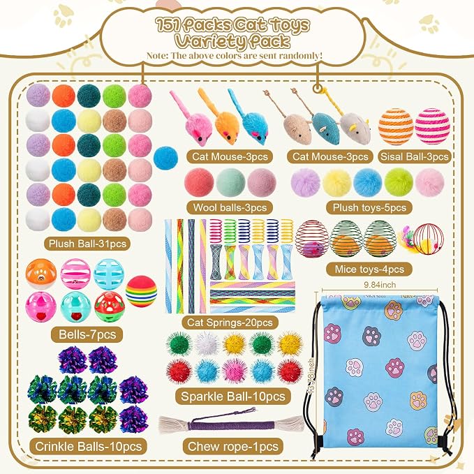 Leitee 100 Pcs Cat Toys Variety Pack with 1 Gift Storage Bag, Interactive Cat Play Assortment Set for Indoor Kitten, Colorful Springs, Mouse Toys, Chew Ropes, Balls, Bells & Sisal Ball(Ball Toy)