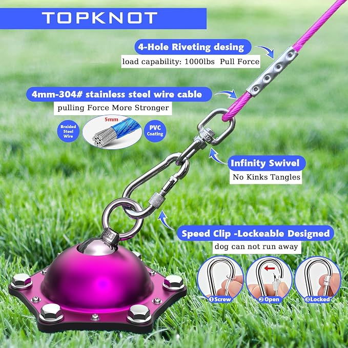 TOPKNOT Dog Tie Out Cable and Stake,(up to 200lbs) 360°Swivel Dog Run- No Tangle,with 30FT Heavy Duty Tie Out Cable,Runner for Yard,Ideal for Outdoor Camping
