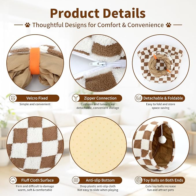 BWOGUE Bunny Tunnel Bed, Brown Plaid 2-in-1 Rabbit Tunnel Hideout with Mat | Removable Mat for Washing, Ball Toy for Play, Tunnel Tubes for Hiding, Soft Suede Fabric, Cats Rabbits Guinea Pigs