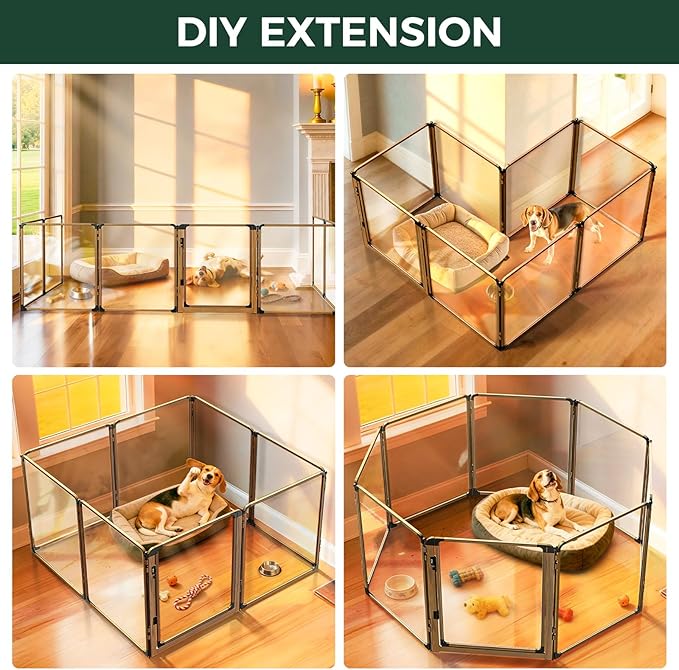 FXW AuraSpace Pro Clear Acrylic Indoor Dog Playpen, 32" H, 8 Panels | Open View, No Climbing Bars, Heavy-duty Metal, DIY Layouts, Easy Access, For Small & Medium Dogs, Patented