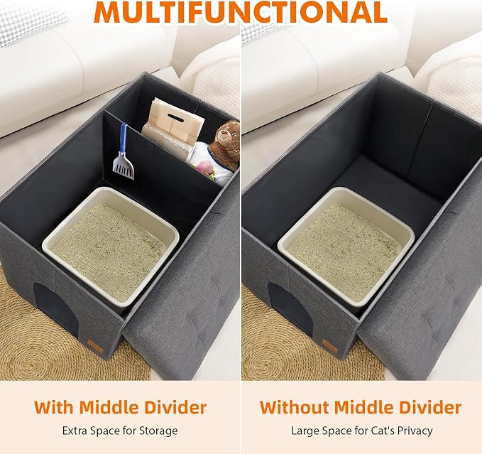 Zerbuger Cat Litter Box Enclosure Furniture for Odor Control | Hidden Cabinet Cats Litter Ottoman With Flip-Up Lid,Cat Litter Box Bench With Storage Space, Dog Proof(Grey, X-Large)