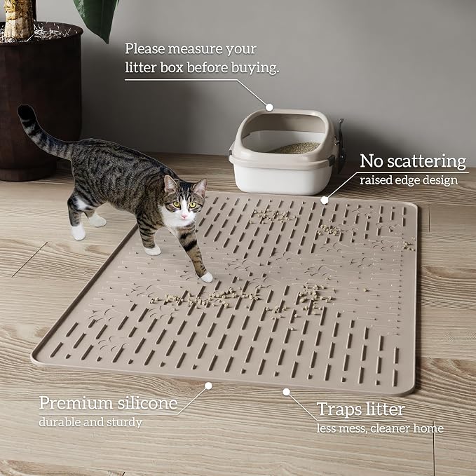 XL Cat Litter Mat, 37.5x25.2 Silicone Trapping Mat Beige | for Kitty Litter Box, Easy Clean, BPA Free Rubber, Center Litter Collection, Easy Pour-Back, Waterproof, Odor-Resistant