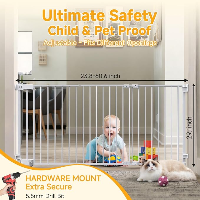 23.8"-60.6" Extra Wide Baby Gate for Stairs, Metal Pet Dog Gate for Doorways Indoor, 2 Installation Positions, Hardware Mount, 29.1”H Walk Through Safety Child Gate for Kids Toddler, White