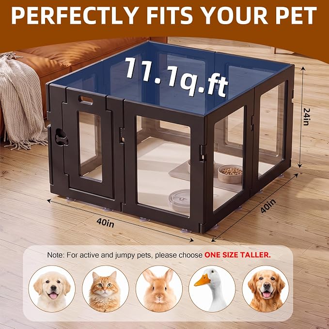 Clear Acrylic Dog Playpen Indoor, Puppy Cat Small Pet Play Pen, Easy Assemble & Disassemble Sturdy Plastic Dog Fence with Heavy Duty Door Lock (8 Panels - 24 in), Black