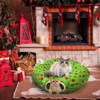 Hollowfly Christmas Cat Bed Tunnel 3ft x 3ft x 9.8in Lime Green Under Tree Cat Donut Tunnels for Indoor Kitten Plush Polka Dot Peekaboo Cave Toy Collapsible 3 Way Xmas Gifts for Small Kitty