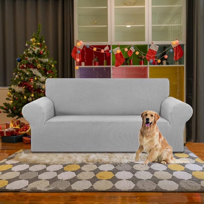 Stretch Loveseat Couch Cover, 2 Cushion Couch Slipcover,Silver | 1-Piece Washable Sofa Cover Pet Friendly (55"-78") Furniture Protector Soft Jacquard, Elastic Bottom for Dogs & Kids