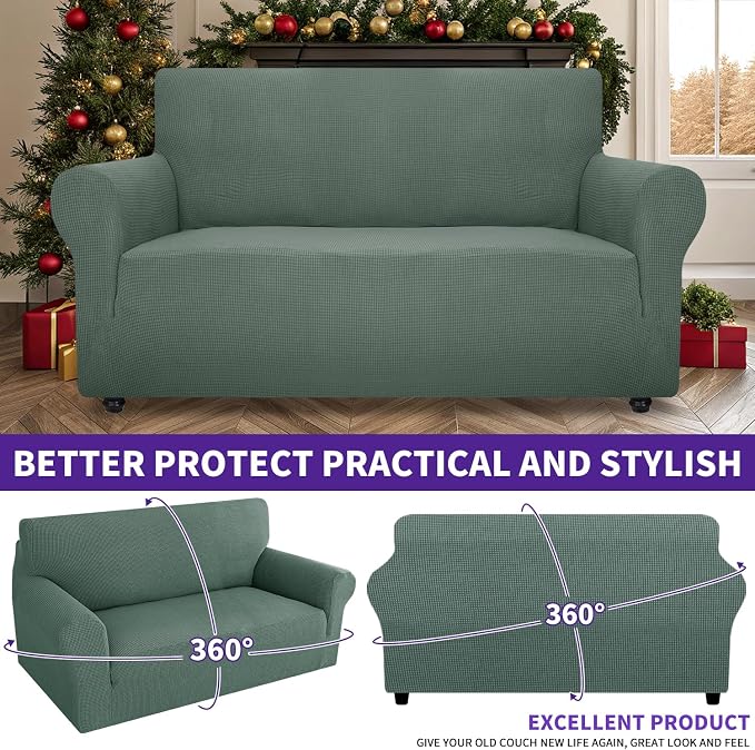 ZNSAYOTX Super Stretch Couch Cover Love Seat Sofa Covers for Living Room Dogs Pet Friendly Furniture Protector Spandex Loveseat Slipcovers with Anti Slip Foam Sticks (Pea Green, Loveseat)
