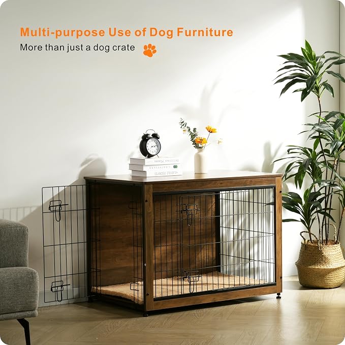 DWANTON Dog Crate Furniture with Cushion, Wooden Kennel Table with Double Doors, Indoor Dog House, Large Size, 38.5" L, Warm Brown