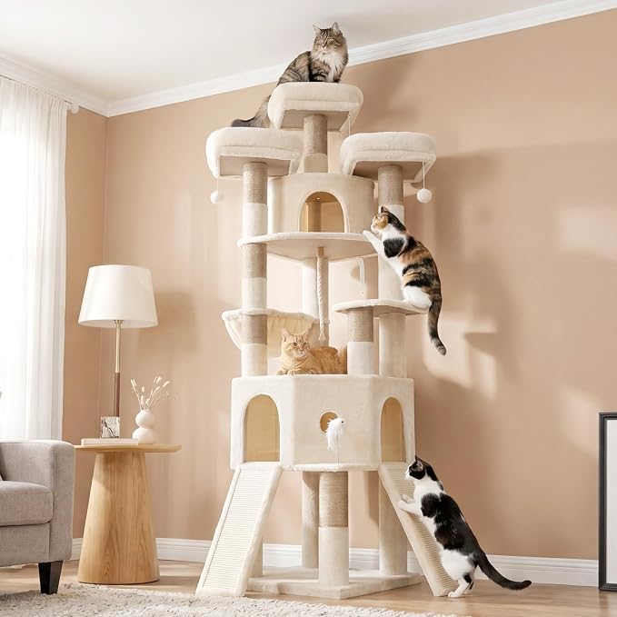 Cat Tree, 81.1" Tall Heavy Duty Cat Tower for Large Cats VCT032MJ | Cat Furniture with 3 Wide Platforms, Diamond-Shaped Condo 2 Sisal Scratchers, Hammock & Stable Base, Beige