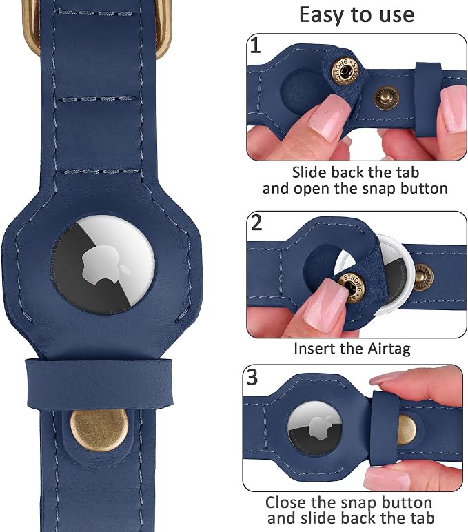 AirTag Dog Collar - Genuine Leather Dog Collar with Apple AirTag Holder and Metal Buckle - Smart GPS Tracking Pet Collars (Smoky Blue, S, 12"-15" Neck Fit) (Smoky Blue, XL, 20"-25" Neck Fit)