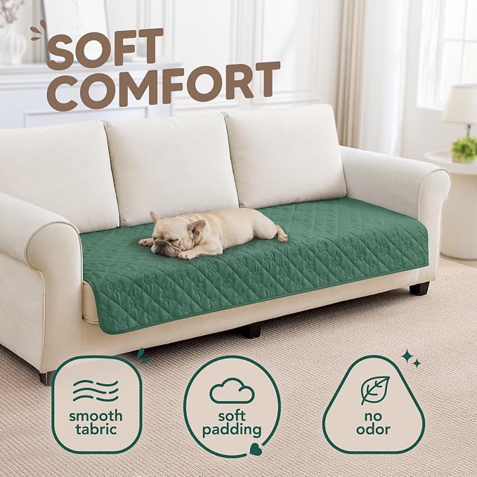 PAWFINITY Waterproof Couch Covers for Dogs, Pet Blanket for Sofa Washable | Paw Print Quilted, Hair Resistant, Anti Cat Scratch, Pee Proof Furniture Protector for 3 Seat Sofa and Bed, 30x70 Inch, Green