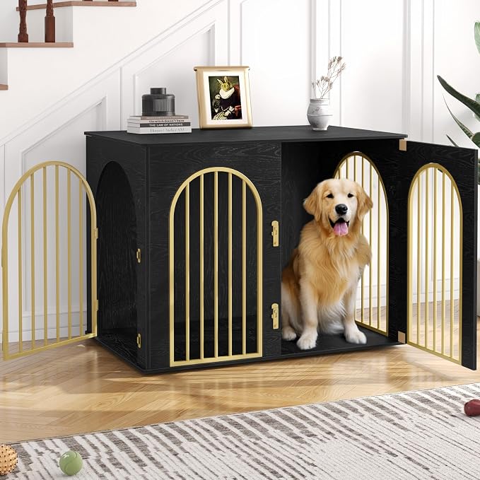 Hzuaneri 44.1" Wooden Dog Crate Furniture, Indoor Dog Kennel Dogs Cage for Small/Medium/Large Dogs, Heavy Duty Dog Crates Decorative Pet House End Side Table TV Stand, Black Gold DFC83904A